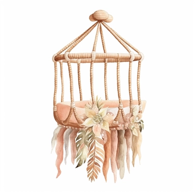 realistic watercolor boho woven macrame baby Crib Mobile, isolated white background, babyshower clipart, 8k, bright beige boho colors
