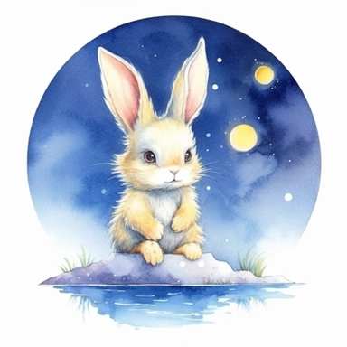 watercolor, hyper realistic, white background, white margins, 16k, ultra detailed clipart, cut out image, hand-drawn bunny rabbit sitting on the moon with a fish on his tail, in the style of dreamy watercolor scenes, magali villeneuve, dark blue and yellow, childhood arcadias, moosa al halyan