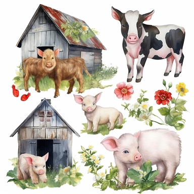 Watercolor illustration clipart set of barn, baby pig, chicken, goat, cow, dog, fence with grass and flowers, hd, realistic, no background,
