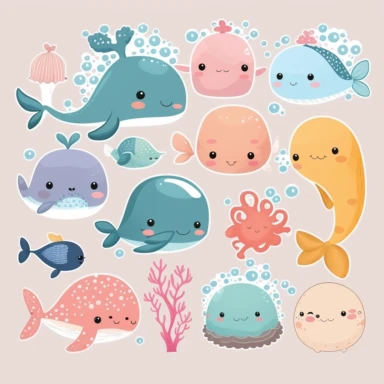 kawaii marine animals clipart on white background, vector, make them cute and cuddly