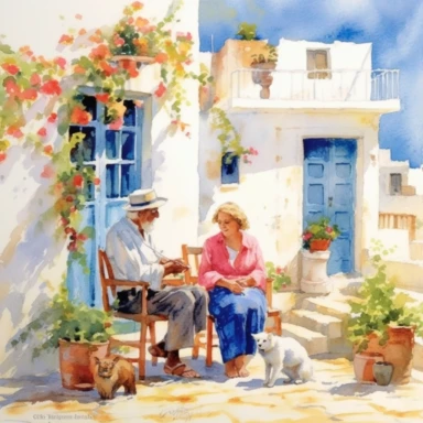 Greek Village Evening Scene: A warm and inviting watercolor-style image of an old Greek couple sitting on the porch of their traditional white and blue house, enjoying a quiet evening as the sun sets. The scene could include elements like a small table with a Greek coffee pot and cups, a cat resting nearby, and flower pots with vibrant bougainvillea or geraniums surrounding the porch.., watercolor clipart, transparent white background, soft cinematic lights, juicy, bright, high quality, ultra de
