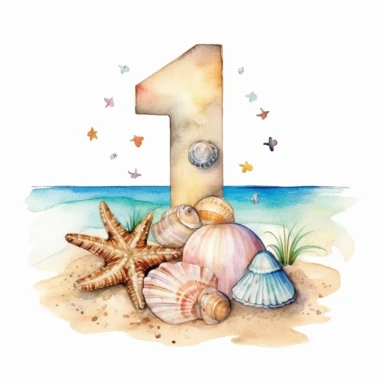 watercolor chic illustration of big number 1 with a circle of beach sand with shells, seasheels and stars, sparse and simple bright watercolor mostly blank, dotted, plenty of white space, beatiful, clipart, sticker art, flat 2d, 8k, high definition, white background