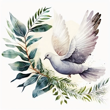 white Dove fly with small palm brunch in beak, watercolor, Clipart