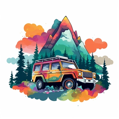 colorful offroad vehicle with colorful forest and mountains, sky with clouds, colorful, white background, clipart, in frame