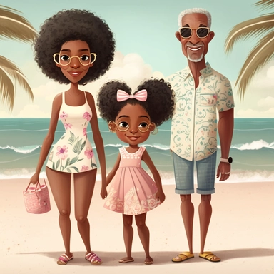 Happy Black Girl and her mom and dad Smiling at the beach ib sag harbor art,black girlsclipart, Funny black girl , Cheerful african american girl child png, clipart, afro ,Full body with legs , Cottage core , preppy , Highly detailed close-up portrait , standing , Nicoletta Ceccoli, Mark Ryden, lostfish, Earl Nor, global lighting, divine rays, detailed and intricate surroundings, sf, intricate artwork masterpiece, ominous, matte painting movie poster, blue ratio, trending on cgsociety, intricate