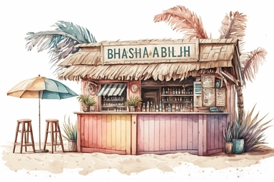 beach bar, summer, pastel color, clipart,clean, watercolor, illustration, detailed, no background,