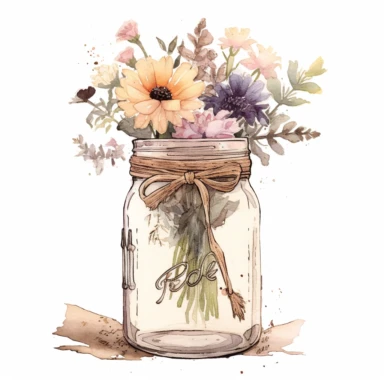 watercolor, hyper realistic, white background, white margins, 16k, ultra detailed clipart, cut out image, hand-drawn, whimsical manhwa style, ultra HD, sharp and clean art A bouquet of dried flowers in a mason jar, sitting on a stack of love letters, with a background of pale pink and soft beige, vintage style