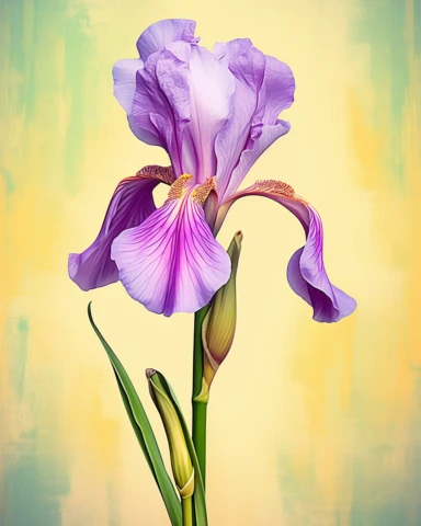 clipart drawing of Iris flower in the style of influenced by Vincent Van Gogh. long stem with leaves. vibrant, vivid, hyper realistic petal and leaves
