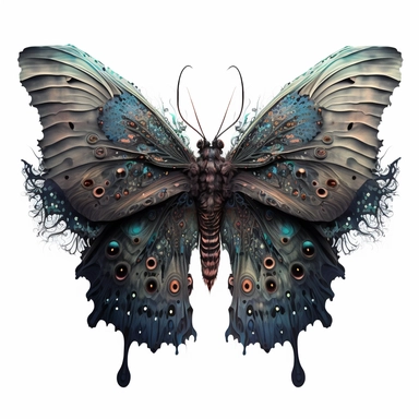 butterfly, in the style of intricate and bizarre illustrations, full body, image only, dark, foreboding colors, realistic yet imaginative, hyper-realistic animal illustrations, sgrafitto, charming character illustrations, watercolor, white background, clipart