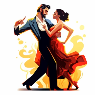 Cartoon style clipart, Man and a woman in dancing tango position, woman in traje de flamenca attire, Man in gilet attire, Dynamic couple with contrasting background, spicy