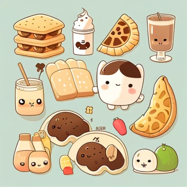 Kawaii Chinese dumplings, cookies and milk, ice cream, avocados, tacos, nutella and toast clipart