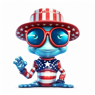 patriotic forth of july alien with the pattern of the usa flag clipart, in the style of icepunk, heatwave, editorial illustrations, white background, dark sky-blue and light red