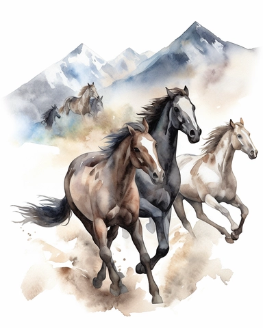 Watercolor painting style, Wild horses galloping in mountains clipart, vintage, wyite background