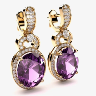 jewellery gold earrings with purple stones and diamonds digital clipart on white background