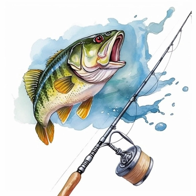 fishing rod And Bass Fish Watercolor Sublimation Clipart,Cartoon,hyper realistic, intricate detail, illustration style,high solution,on the white background
