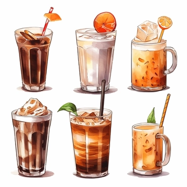 Milk, Soft Drink, Coconut Water, Coconut Milk Shake, Iced Chocolate, Hot Chocolate, Iced Cocoa, Macchiato, Squash, Caramel Latte, Caramel Macchiato, Bubble Milk Tea, Black Tea, white background, clipart, Object, vector collection, hd, watercolor