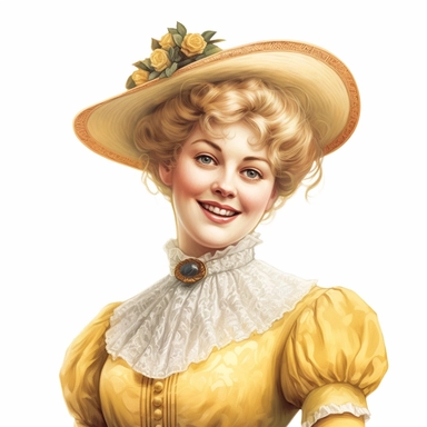 beautiful victorian chubby lady with blonde hair and freckles, looking left, victorian hairstyle, victorian hat, Victorian era clothing, beautiful smile, realistic inverted portrait white background, high quality, hyper-realistic, Victorian Lady Clipart,yellow dress