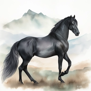 A clipart that shows a majestic black horse in a graceful pose on a white background. The horse's body is elegantly curved to emphasize its beauty and grace. It may be standing on a slight hill or in an idyllic landscape. The water colors give the clipart a soft and flowing look. The colors can be soft and pastel to create a calm atmosphere. Use different shades of blue for the background to create a natural water or sky look. The contours of the horse are subtle and well defined to clearly show