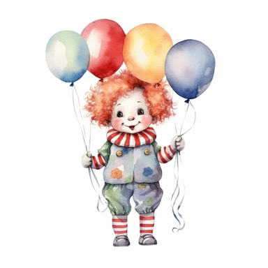 Adorable watercolor illustrations, Clown with a red nose and colorful costume holding balloons, white background, style like on etsy nursery clipart