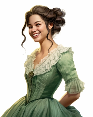 detailed smiling beautiful lady , dressed in a sage victorian vintage dress fixing hair, hyper realistic, 8k, isolated on white backgorund, clipart
