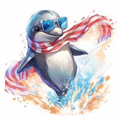 a playful bottlenose dolphin in a jumping wave, wears American flag scarf and sunglasses, with Southeastern coastal waters, colorful ink wash paintings, anime-inspired character designs, hyper-realistic animal illustrations, 2d game art, quadratura, clipa