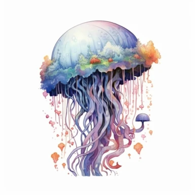 Whimsical Jellyfish, fantastical marine setting, clipart, watercolor style, white background