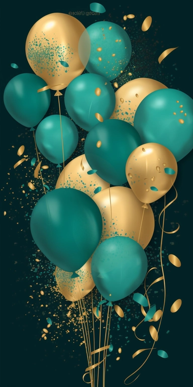 Teal and Gold Balloons Clipart with Glittery Confetti. Festive and celebratory, the image features vibrant teal and gold balloons that sparkle with glittery confetti. The lighting is bright and colorful, conveying a sense of excitement and energy.