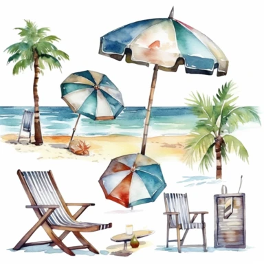 summer beach clipart, white bsckground, watercolor,