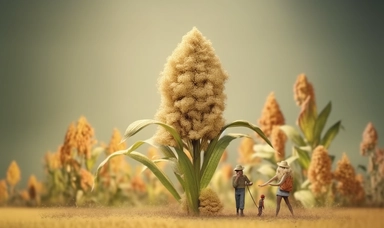 A huge leaf of sorghum, Little farmer characters standing on leaves, micro photography, 3D, clipping style, poster, plant, octane, art style