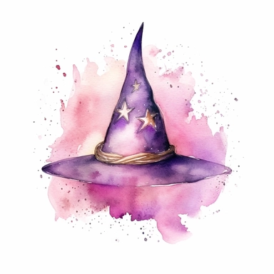 Witch's Hat, in the style of watercolor illustrations, pink and gold, soft lilac, magical and mystical, galaxy elements, modern minimal watercolor, on white background, clipart