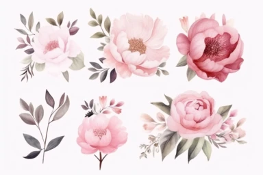 Watercolor flowers clipart set . Peony floral set. Pink, white, burgundy flower and leaves. Illustration for greeting card, DIY wedding invitation, bridal showers, baby showers, printable home decor , 8k, wallpaper, realistic,