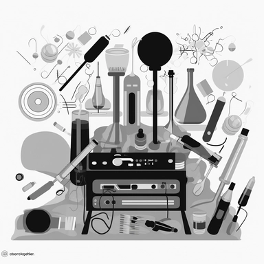 clipart of lab tools full of electronics, transistors, cables and microchips, black and white, rinpa school, emiliano ponzi, greyscales palette, white background