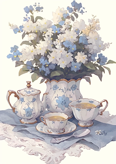 blue lace pattern tea cup and teapot clipart / clip art illustration, in the style of captivating floral still lifes, oil on canvas, light yellow and gray, american barbizon school, symmetrical arrangements, soft realism, hard-edged painting