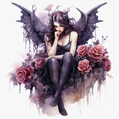 dark and evil fairy having dark roses near her, 8K, ultra details, isolated white background, clipart, hand drawn, hand drawn art, in the style of ultra-detailed watercolor hand drawn collections, HD watercolor collections, soft watercolor, inllustration, high-quality watercolor collections, hand-drawn watercolor collections, and precise watercolor collections made by a professional watercolor artist with attention to detail,