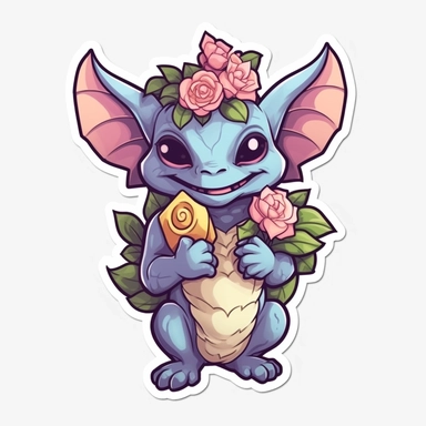 whimsical, cute, cartoon, clipart, gargoyle, flowers, sticker