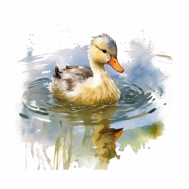 an adorable Duck in a pond the style of watercolour clipart with detailed brush strokes