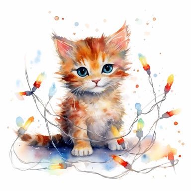 Clipart, watercolor, white background: A mischievous kitten playing with a string of colorful Christmas lights, creating a festive and playful scene.