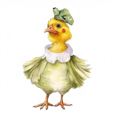 a Cute Happy Baby Chicken in a dress in the style of Watercolor Kate Greenaway Clipart, White Background
