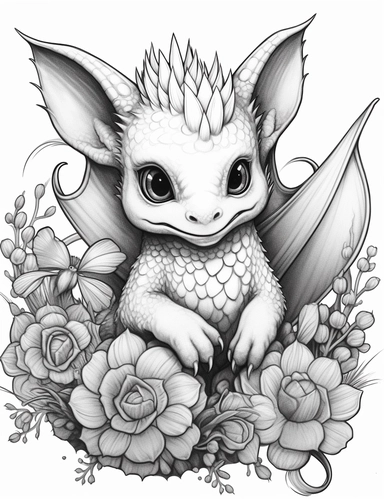 clipart of a cute baby dragon coloring page, flowers and butterflies, in the style of gothic realism, chinapunk, oshare kei, elaborate borders, furry art, tinycore