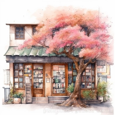 watercolor illustration of a bookstore front , with plants and a big sakura tree in front, ultra-detailed, high quality, clipart, watercolors and pencil style,white background no text, isolated on white, ghibli style, award winning