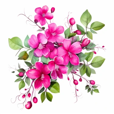 fushia colored jasmine flower arrangement with watercolor effect,suitable for digital clipart,white background,green leaves