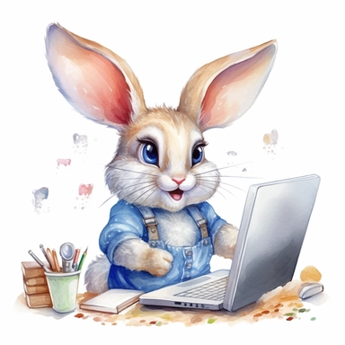 watercolor clipart, cute clever smiling funny bunny, in style programmer, working on a computer, funny and floppy ears, white background, no watermarks, no artists signature, no overlay mesh