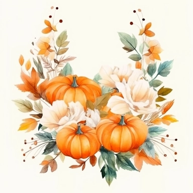 acuarela, marmita con caramelos, rodeada por el exterior de flores y calabazas, clipart, fondo blanco