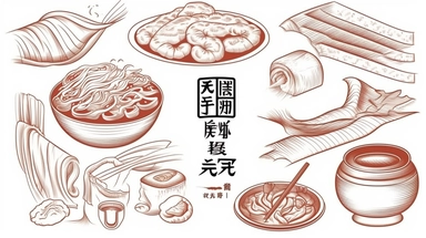 Sketch clipart of some chinese food in thin line concentration, neogeo, bentwood, round, hand drawn, wrapped, bamileke art style