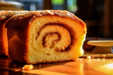 a freshly baked white cinnamon roll, its spiraled layers revealing a fragrant swirl of cinnamon and brown sugar, As you take a bite, the flavors dance on your tongue, Sunlight filters through a nearby window, casting a warm glow on the table and accentuating the roll's golden glaze, Photo clipart, super detail, vignetting, shot with Nikon D3000,