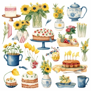 swedish theme clipart, midsummer holiday, flowers, flags and food, in the style of dreamy watercolor scenes, detailed character illustrations, mundane materials, patterns, detailed miniatures, cute childish style, swedish colors, white backround