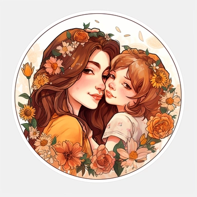 cute mom loving her little one art wallpaper, face closeup, in the style of dark amber and light amber, made of flowers, feminine sticker art, tokina opera 50mm f/1.4 ff, colorful drawings, massurrealism clipart, white background, png