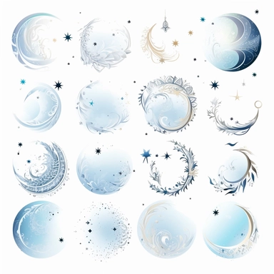 beautiful moon symbols in white, pale blue and silver, white background, vector-style, clipart collection