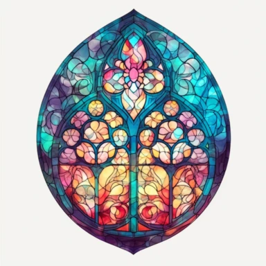 an intricate stained glass window design clipart, in the style of pastel gothic, #screenshotsaturday, reimagined religious art, multiple shapes,islamic art and architecture, watercolor illustrations, no background, vibrant colors, studio lighting