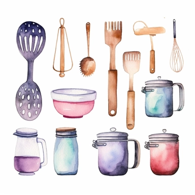 Watercolor kitchen utensils clipart for bakery decoration white background